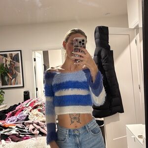 Kimchi Blue Fuzzy Off-Shoulder Sweater in Blue and White